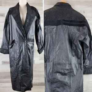 Vintage Pelle Studio Black Leather, Floral Inlay, Embroidered Trench Coat